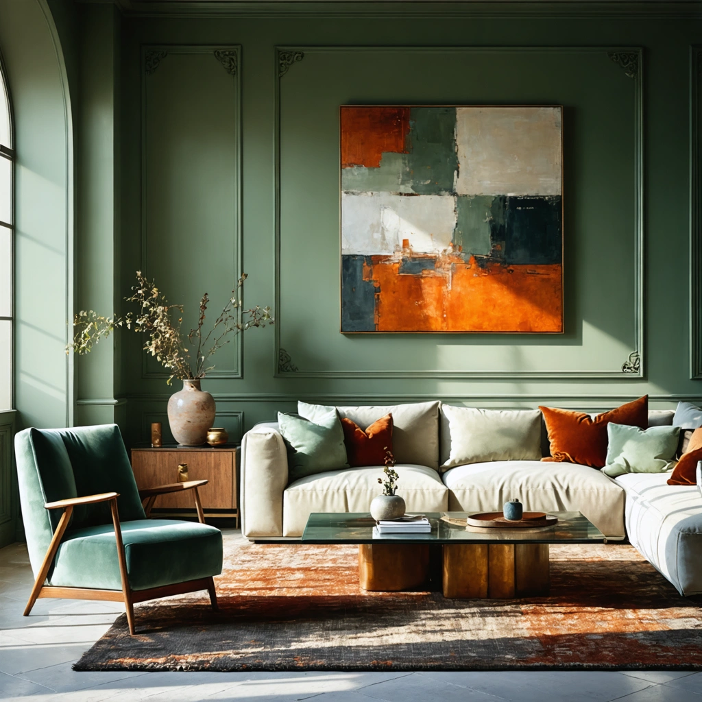 Salon contemporain chaleureux avec mur vert sauge, canapé beige en lin, fauteuil bouclé, table en bois foncé, objets en terre cuite et détails en verre fumé