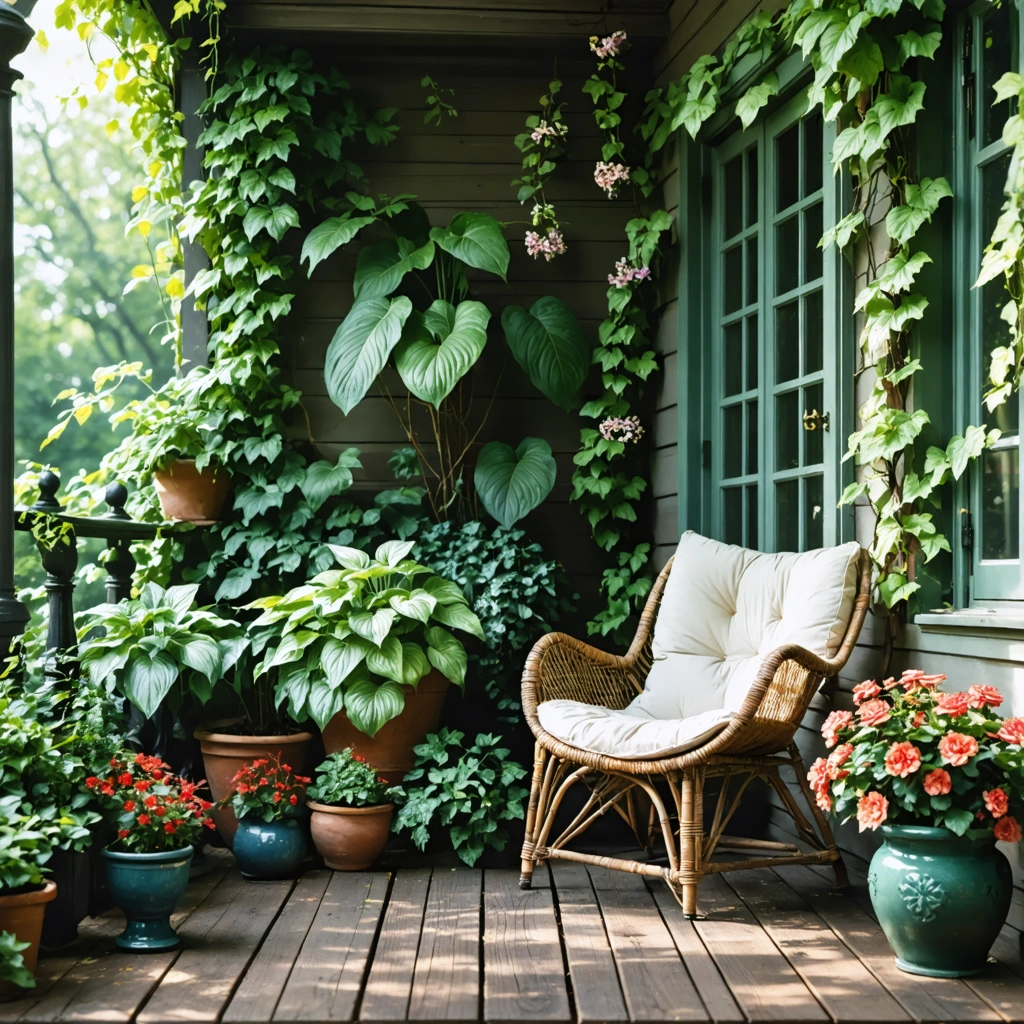 Terrasse ombragee amenagee avec des plantes en pots comme hostas, fougeres, heucheres, hortensia et erable du Japon dans une ambiance paisible et elegante