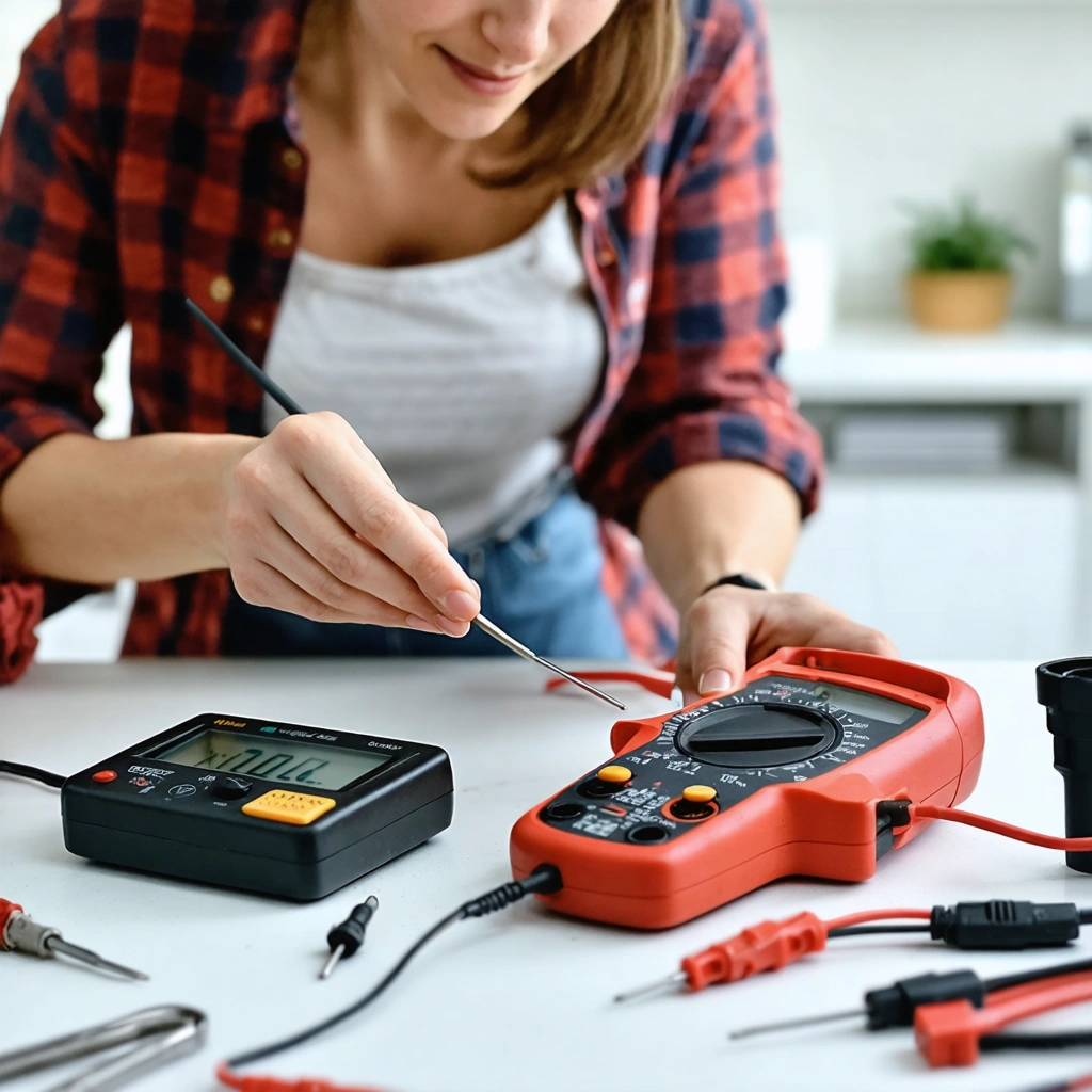 Une femme teste un fusible avec un multimètre sur un établi bien rangé, avec des outils et des fusibles de rechange à proximité.
