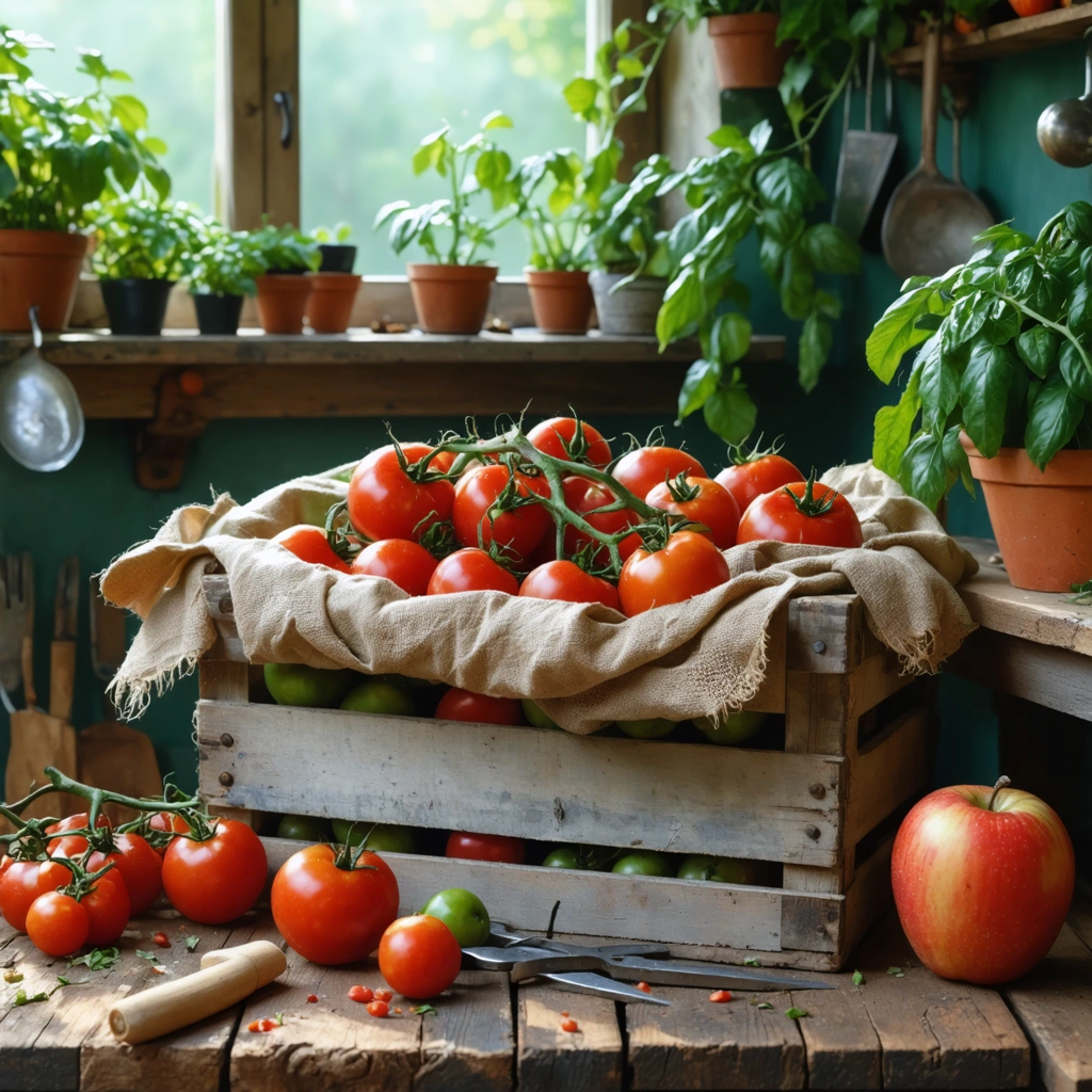 Des tomates vertes et quelques tomates en train de rougir sont disposées dans une cagette avec du papier et une pomme, dans une ambiance de fin de saison au jardin.