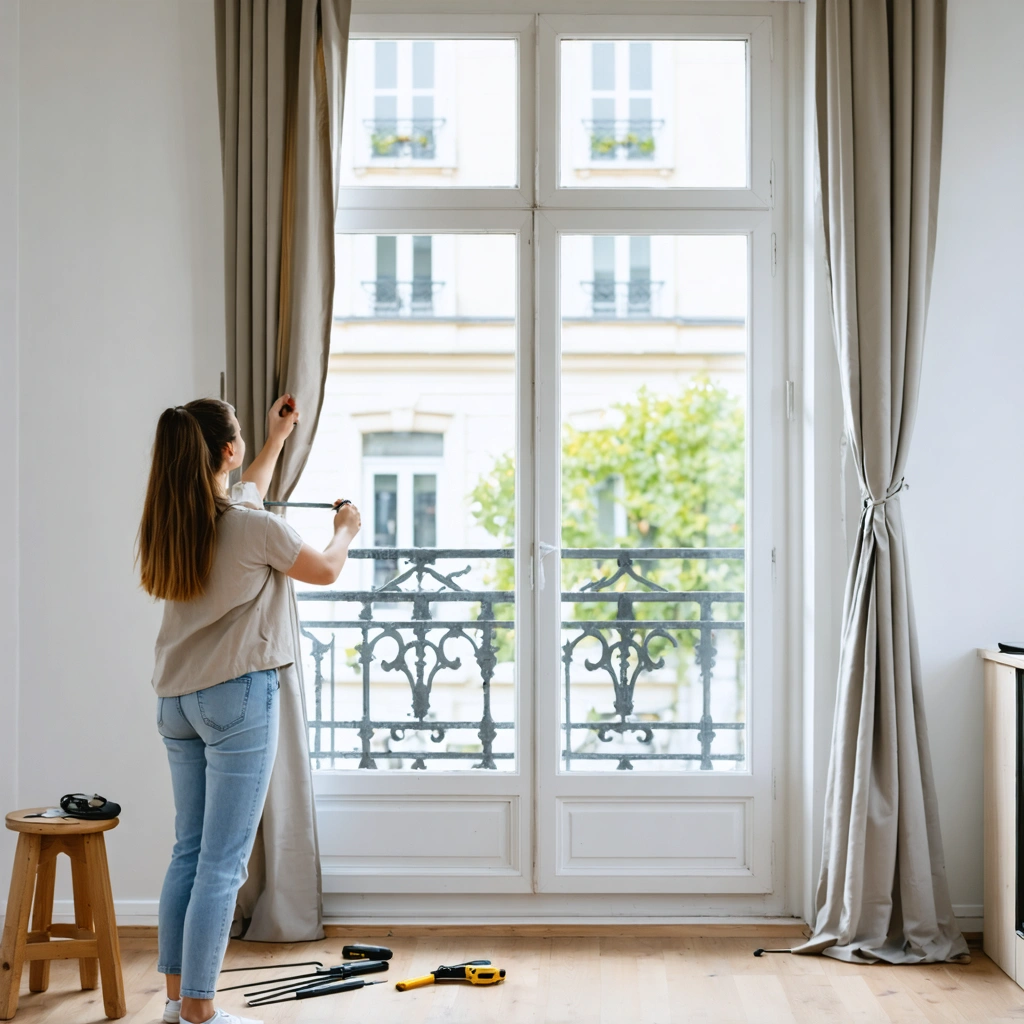 Une femme installe une tringle à rideau sans percer sur une fenêtre en PVC dans un intérieur lumineux et soigné.