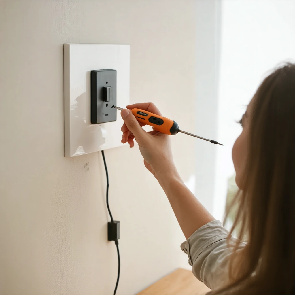 Une bricoleuse installe un variateur de lumiere mural a la place d un interrupteur dans une piece moderne, avec les fils visibles et les outils de bricolage a proximite.