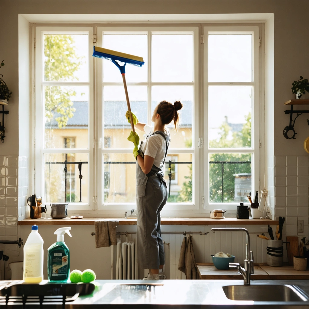 Une femme nettoie une grande vitre avec une raclette et un chiffon microfibre dans une maison lumineuse, pour obtenir un résultat sans traces.
