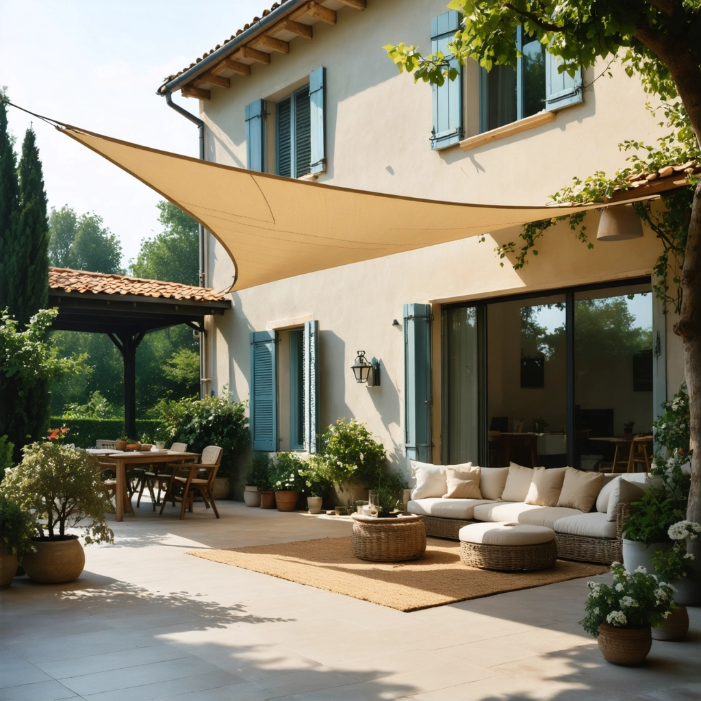 Terrasse élégante avec une voile d'ombrage beige fixée sans mât entre une façade de maison et une structure existante, au-dessus d'un coin détente extérieur.